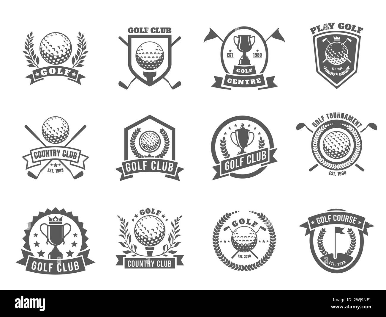 Golf-Logo. Emblem-Abzeichen mit Golfschlägern und Bälle für den Golfplatz, Retro-Country-Club-Abzeichen mit Abschlag und Ball. Vektor-isolierter Satz Stock Vektor