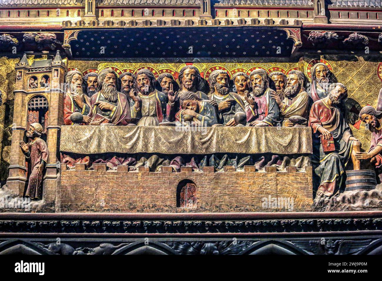 Kathedrale Notre Dame de Paris : das letzte Abendmahl, Reliefs geschnitzte Wand, Szene aus dem Leben Jesu Christi, christliche Ikonographie, Architekt Pierre de Chelles Stockfoto