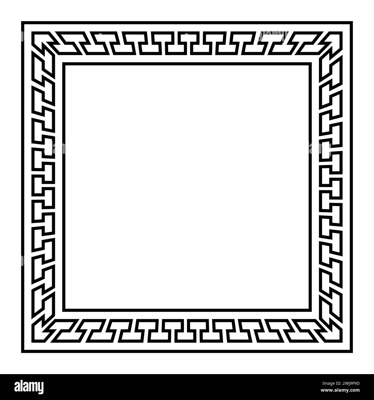 Quadratischer Rahmen mit nahtlosem Mäandermuster und räumlichem Effekt. Dekorative Borte aus durchgehenden Linien, die zu einem wiederholten Motiv geformt sind. Griechischer Schlüssel. Stockfoto