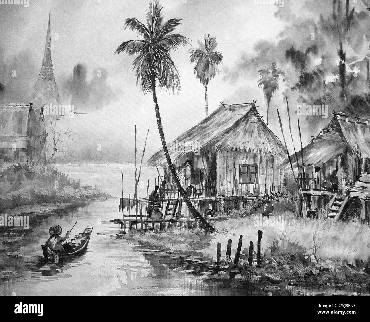 Schwarzweiß-Fotografie, Schwarzweiß, Original-Aquarellmalerei, ländliches thailand Stockfoto