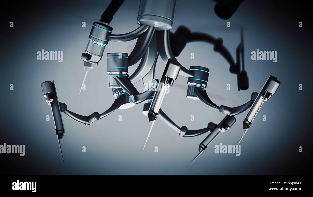 Roboterarme für robotergestützte Operationen, isoliert auf grauem Hintergrund. 3D-Illustration. Stockfoto