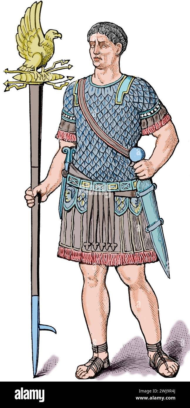Römischer Militärstandard. Aquilifer. Römischer Soldat, der den Standard von Aquila trägt. Gravur. Stockfoto