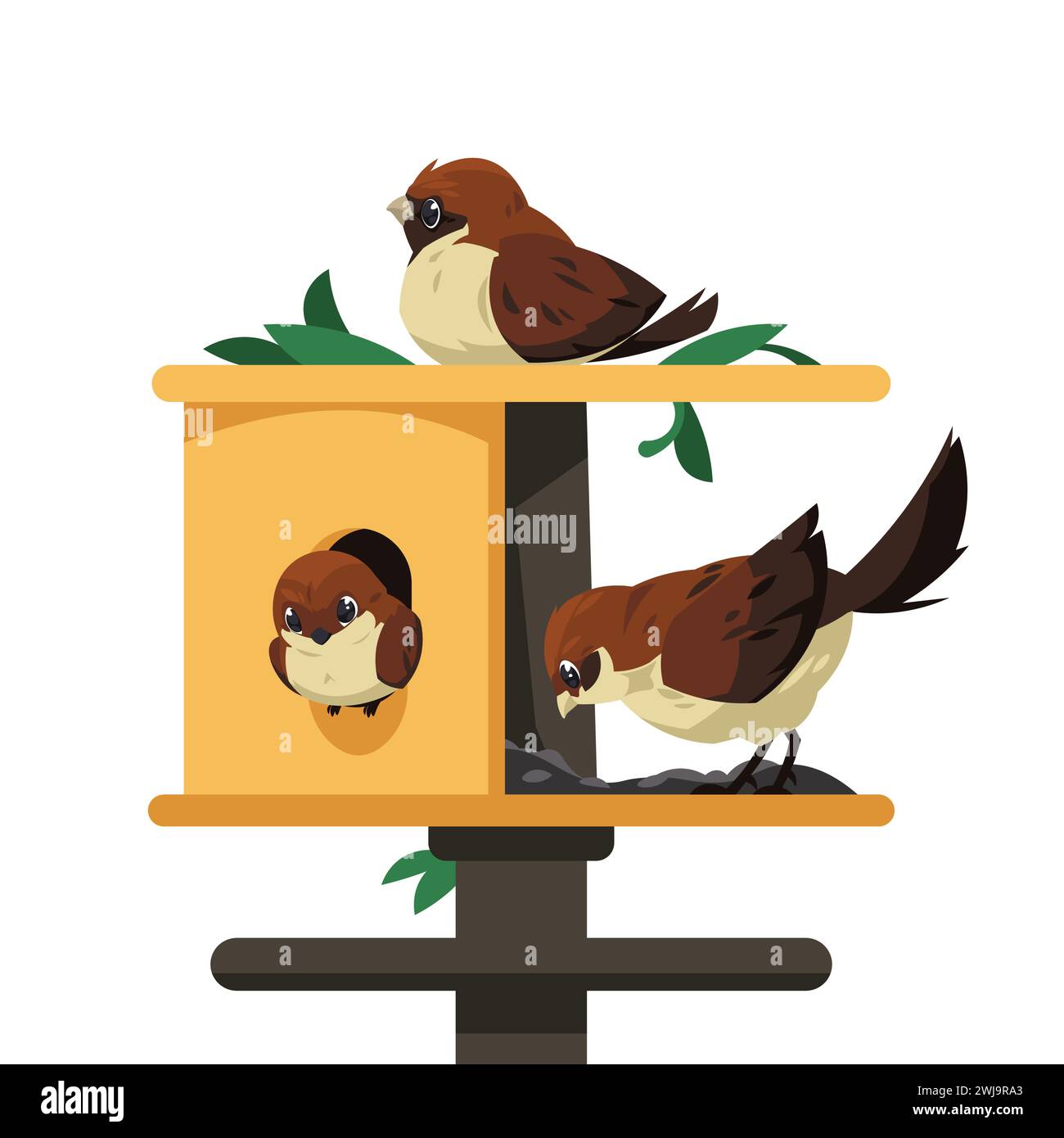 Vögel in der Vogelfutteranlage. Niedliche Zeichentrickfiguren, die sich von Samen in Holzfuttermitteln ernähren, Wildvögel im Außenbereich. Vektorabbildung Stock Vektor