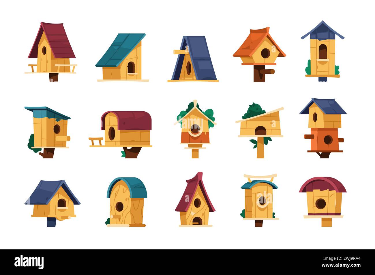 Vogelhaus. Karikaturhölzernest mit Eiern, niedliches kindliches Vogelhaus aus Holz für Frühling und Sommer. Vektorsatz Stock Vektor