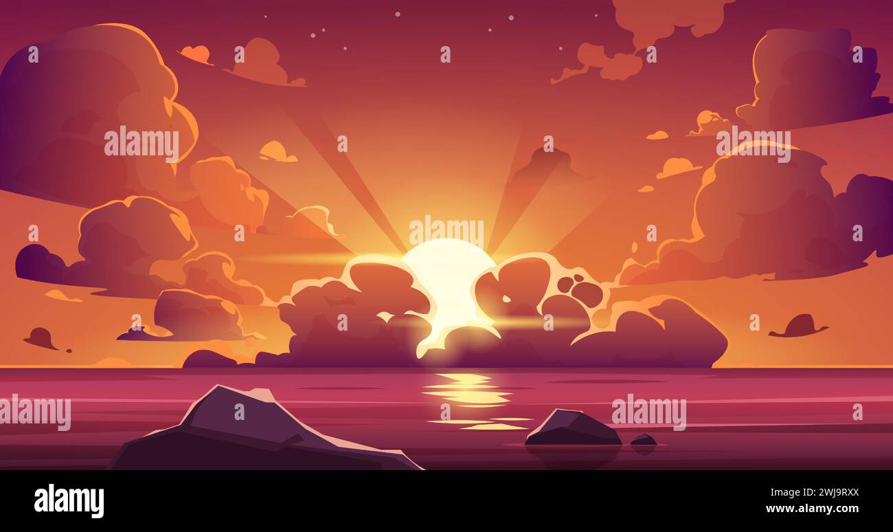 Zeichentrick Meer Sonnenuntergang Himmel. Meeresstrand mit schwimmenden violetten Wolken und nahem Ufer, Sonnenaufgang im Hintergrund. Blick auf das Paradies bei Sonnenuntergang Stock Vektor