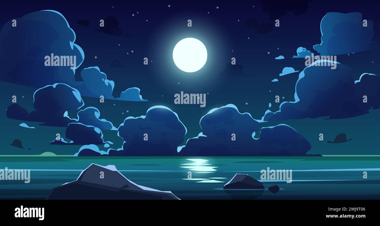 Zeichentrickfilm Night Sea Sky. Mitternachtshimmel mit Mond, blauem Mondlicht und Sternen, magischer abendlicher Meereslandschaft mit Meeresküste und Kumulus-Wolken. Vektorlandschaft Stock Vektor