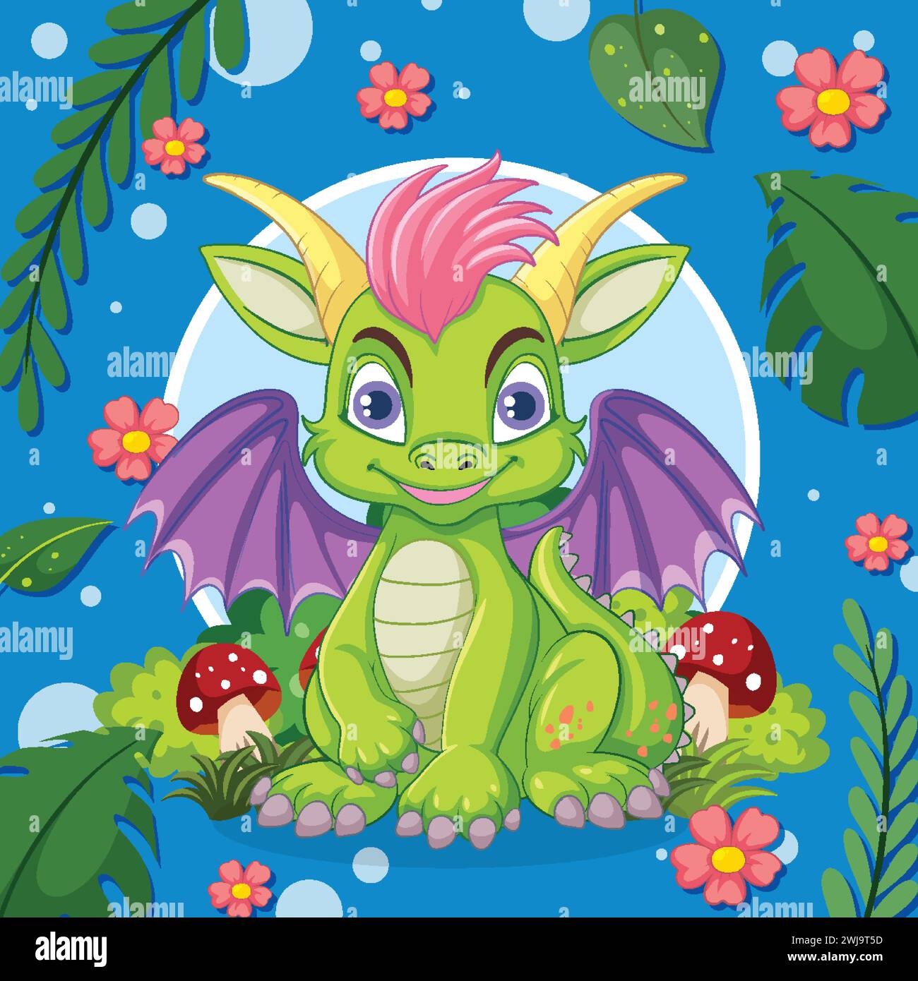 Farbenfroher Drache, der zwischen Blumen und Pilzen sitzt Stock Vektor