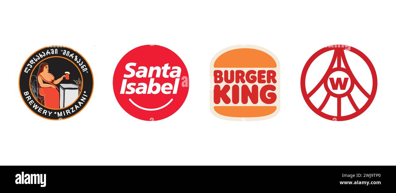 Santa Isabel, Mirzaani, Wuliangye, Burger King. Vektorillustration, redaktionelles Logo. Stock Vektor