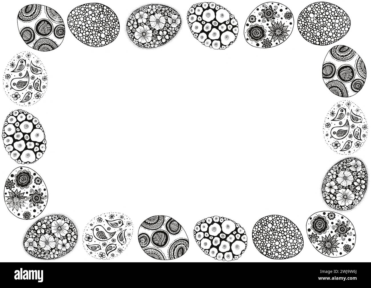 Rahmen von Ostereiern gefüllt mit verschiedenen Ornamenten. Schwarze Kontur auf weißem Hintergrund. Kritzeleien. Verzierung von Blumen, Vögeln, dekorativ und geometrisch Stockfoto