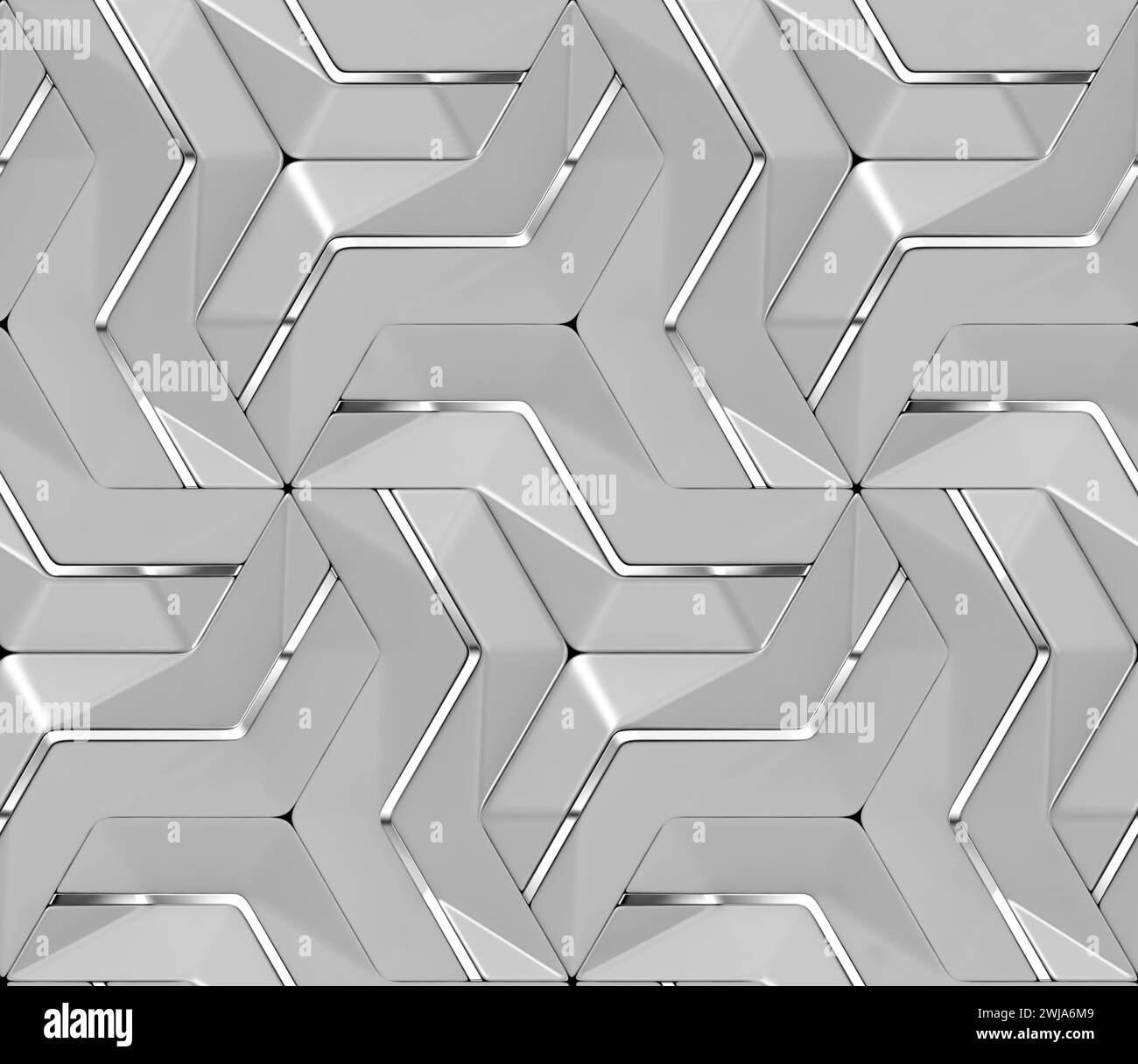 Realistische graue 3D-Wandfliesen mit silbernem Metalldekor mit schattierten geometrischen Modulen mit hochwertiger nahtloser Textur Stockfoto