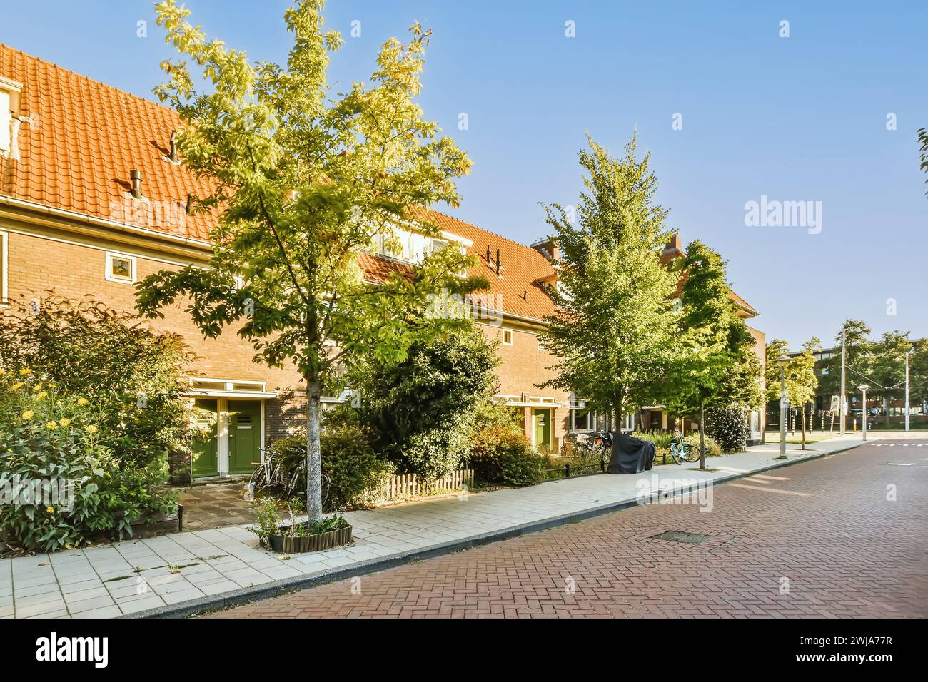 Eine ruhige Vorstadtstraße mit einer Reihe traditioneller Backsteinhäuser mit Giebeldächern und grünen Bäumen unter klarem blauem Himmel Stockfoto