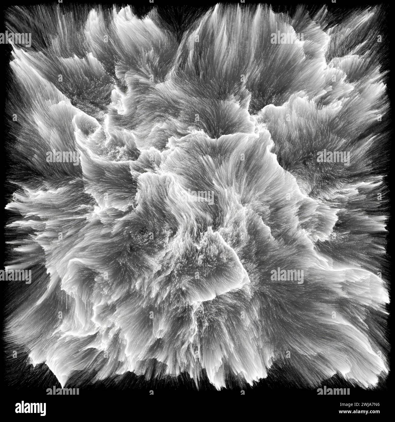 Ein beeindruckendes Schwarzweißbild, das eine abstrakte Textur mit einem explosiven Explosionsstoß aufnimmt, mit dynamischem Fluss und detaillierten Mustern Stockfoto