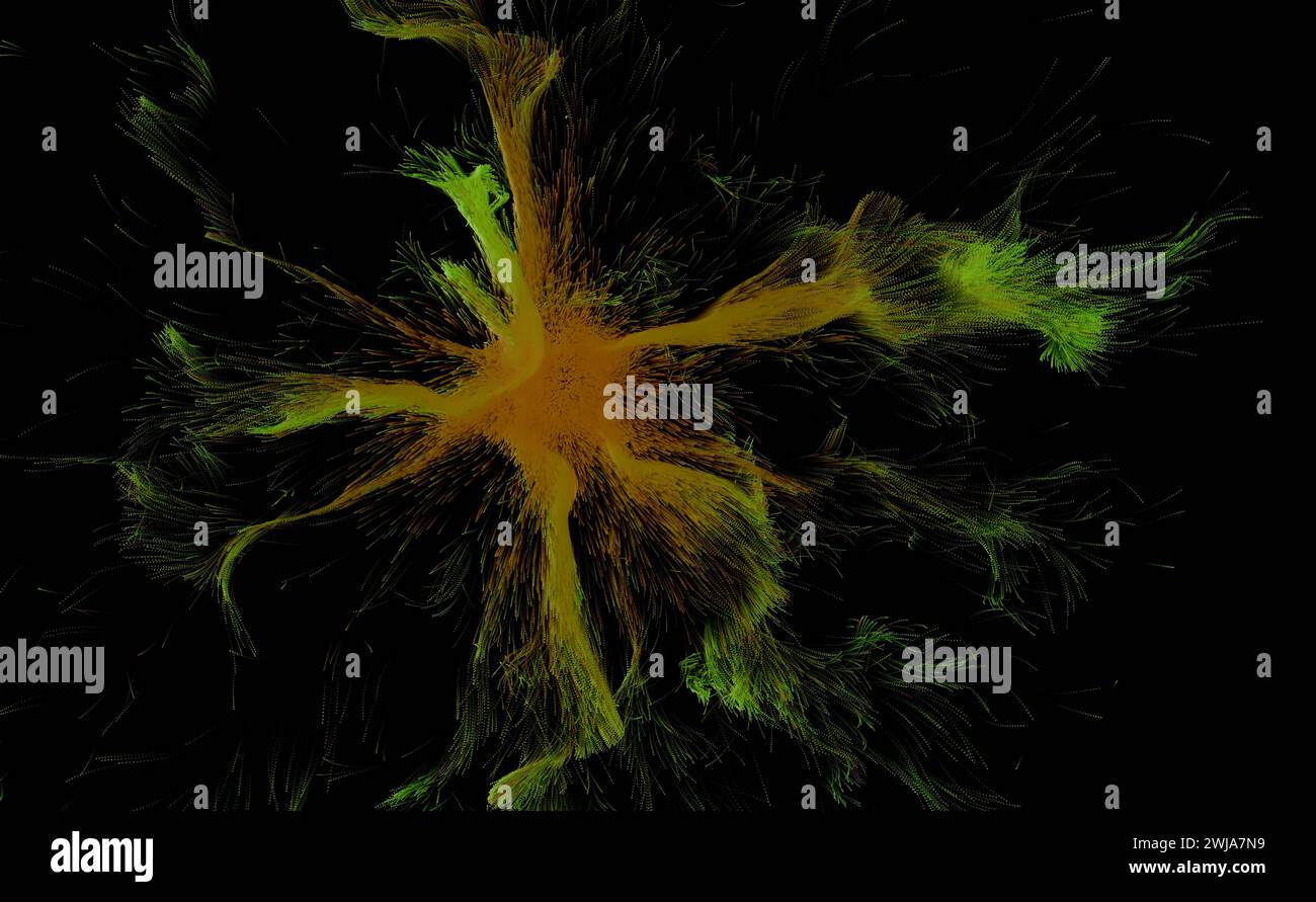 Ein faszinierendes digitales Kunstwerk, das einem neuronalen Netzwerk oder einer Explosion ähnelt, mit leuchtenden Gelb- und Grüntönen vor einem krassen schwarzen Hintergrund Stockfoto