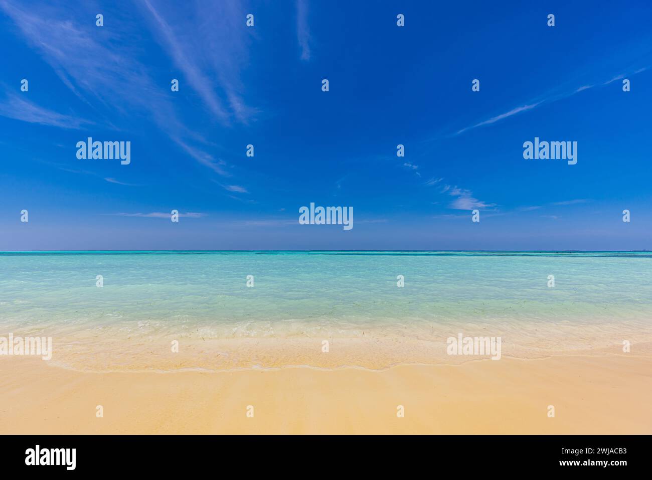 Blick auf den tropischen Strand. Ruhige und entspannende, leere Strandszene, blauer Himmel und weißer Sand. Ruhiges Naturkonzept Stockfoto