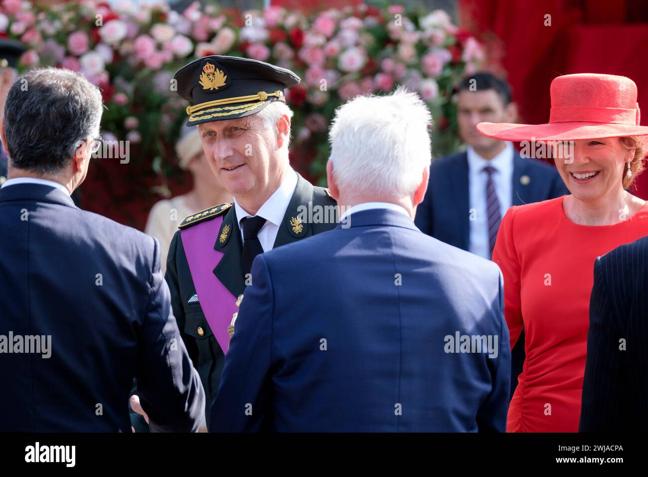 Belgien, Brüssel: Die belgische Königsfamilie anlässlich des Nationalfeiertags am 21. Juli 2023. Königin Mathilde von Belgien und König Philippe von B. Stockfoto
