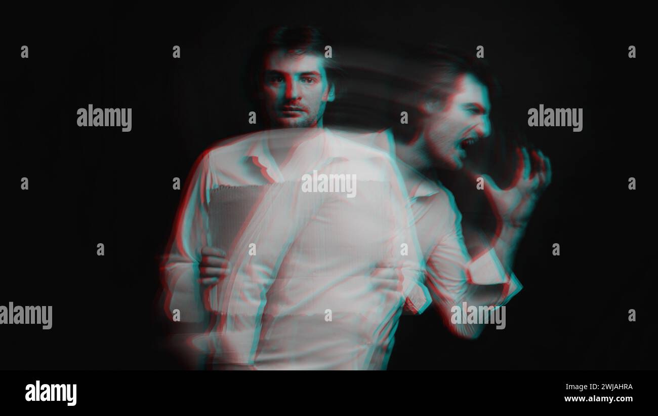 Abstraktes verschwommenes Porträt eines schizophrenen Mannes mit psychischen Störungen und bipolarer Spaltpersönlichkeit. Schwarzweiß mit 3D-Glitch-Virtual-Reality-Effekt Stockfoto
