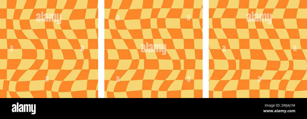 Set aus abstraktem Hintergrund mit einem psychedelischen Groovy-Schachbrettdesign im Hippie-Retro-Stil der 1970er Jahre. Vektormuster einsatzbereit. Gelb Stock Vektor