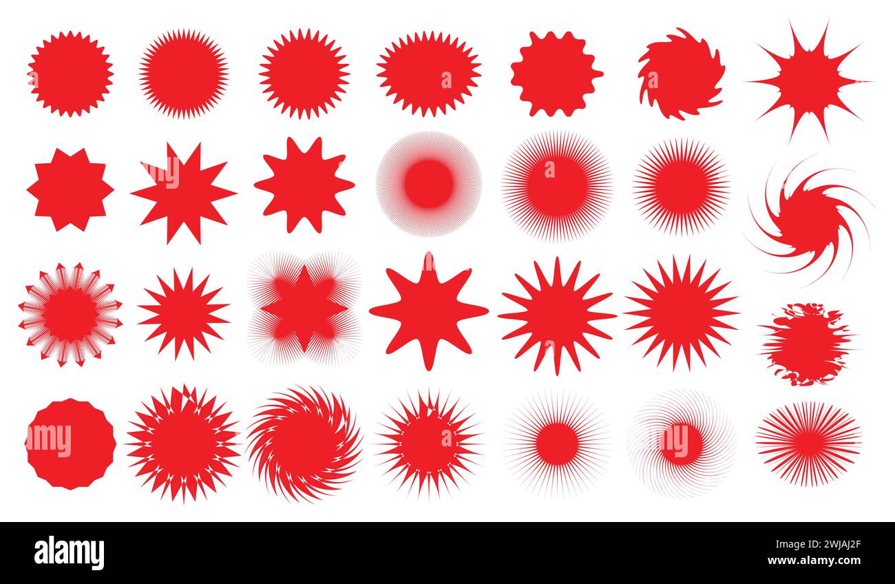 Starburst-Set in roter Farbe, Sonnenstrahlen-Rahmen, Sonnenschliff-Abzeichen, Retro-Sterne, Verkaufs- oder Rabattaufkleber. Stock Vektor
