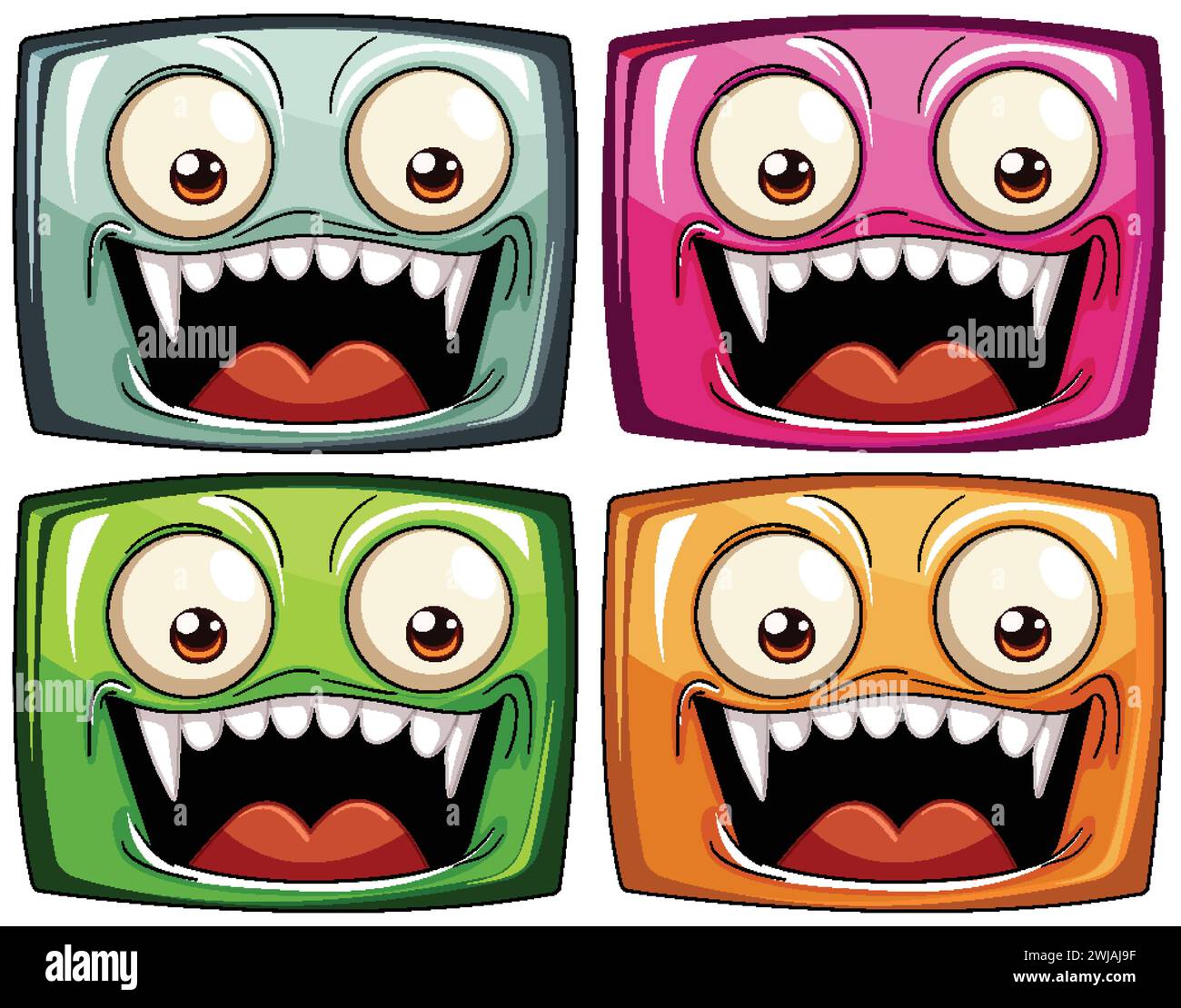 Vier lebendige Comic-Monster-Gesichter mit Ausdrücken Stock Vektor