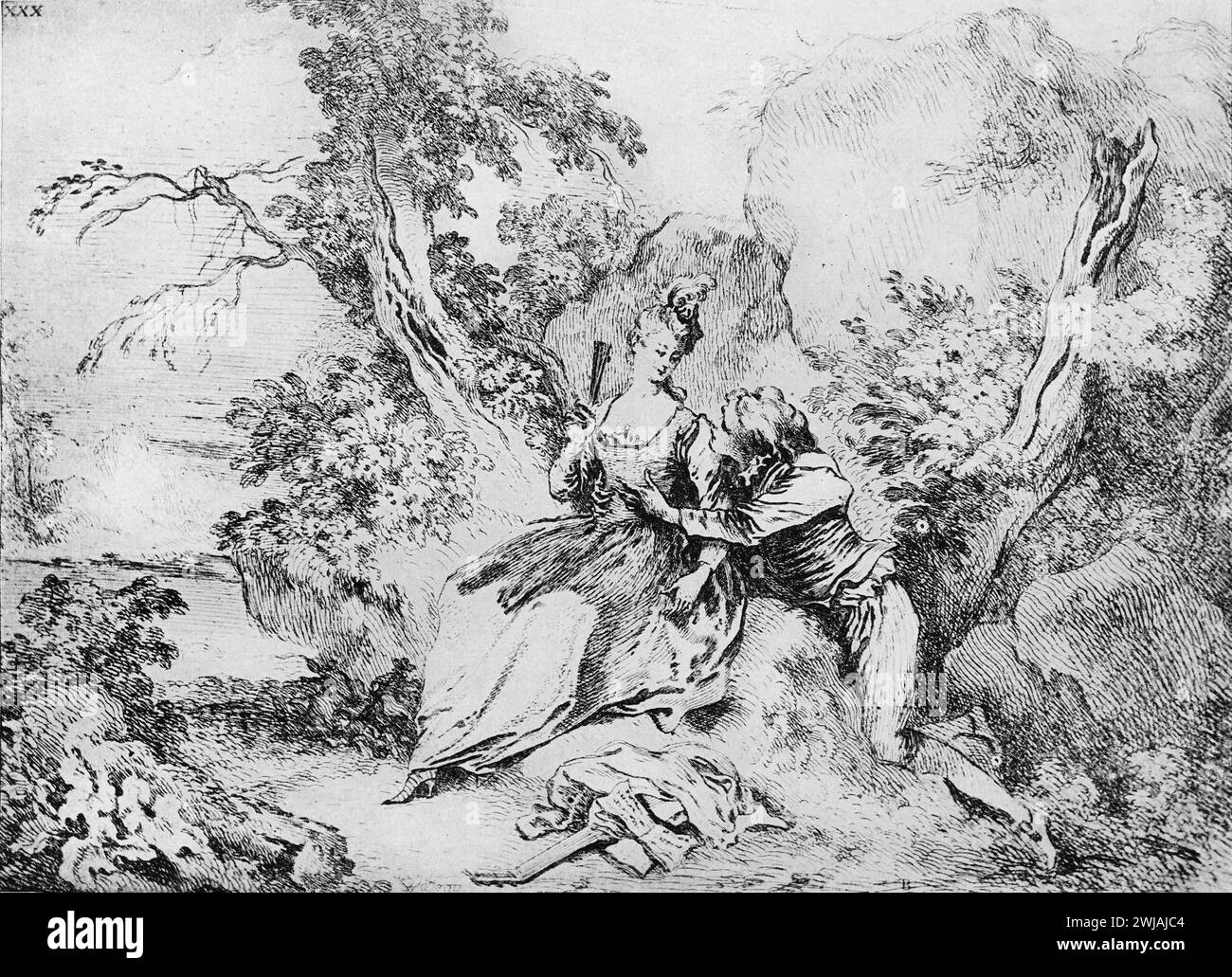 Zeichnungen von „A Pastoral“ des französischen Künstlers Jean-Antoine Watteau: Black and White Illustration from the Connoisseur, an Illustrated Magazine for Collectors Vol 3 (Mai-August 1902), veröffentlicht in London. Stockfoto