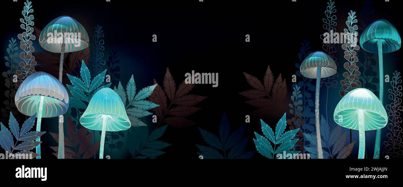 Titelblatt-Design mit leuchtend grünen Pilzen und herbstlichen, braunen und türkisfarbenen Blättern auf schwarzem Hintergrund. Glühende Pilze. Stock Vektor