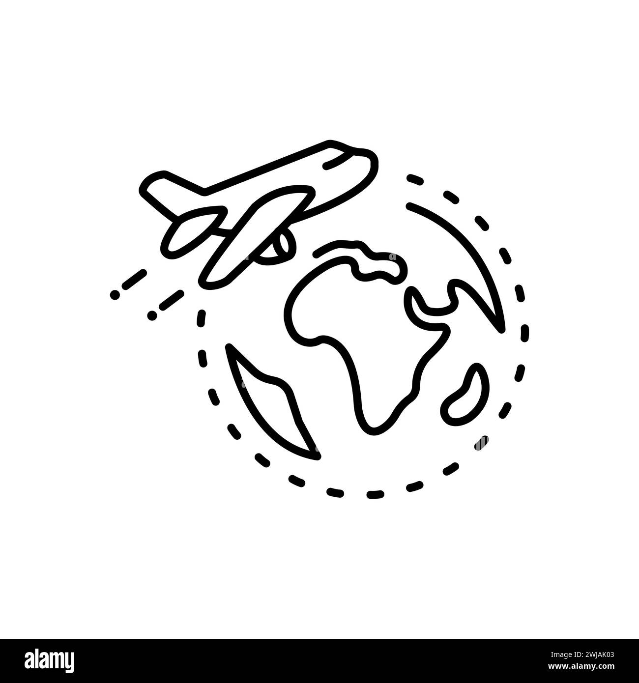 Erde und Flugzeug. Reise um die Welt Bild. Kugel- und Flugzeugsymbol. Symbol für Fluglinie. Flugzeug, Reise, Transport. Airline-Konzept. Vektor Stock Vektor
