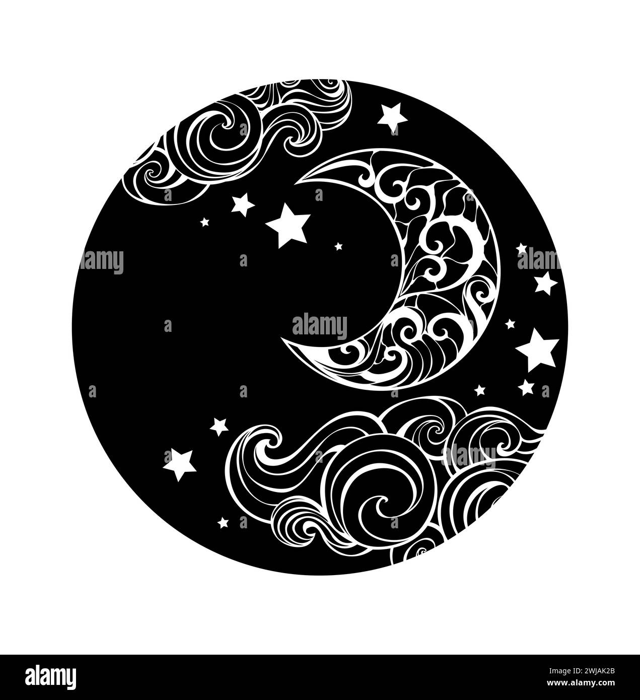 Rund, Silhouette, Monogramm mit künstlerisch gezeichnetem Halbmond, Wolken und Sternen auf weißem Hintergrund. Gemusterter Halbmond. Stock Vektor