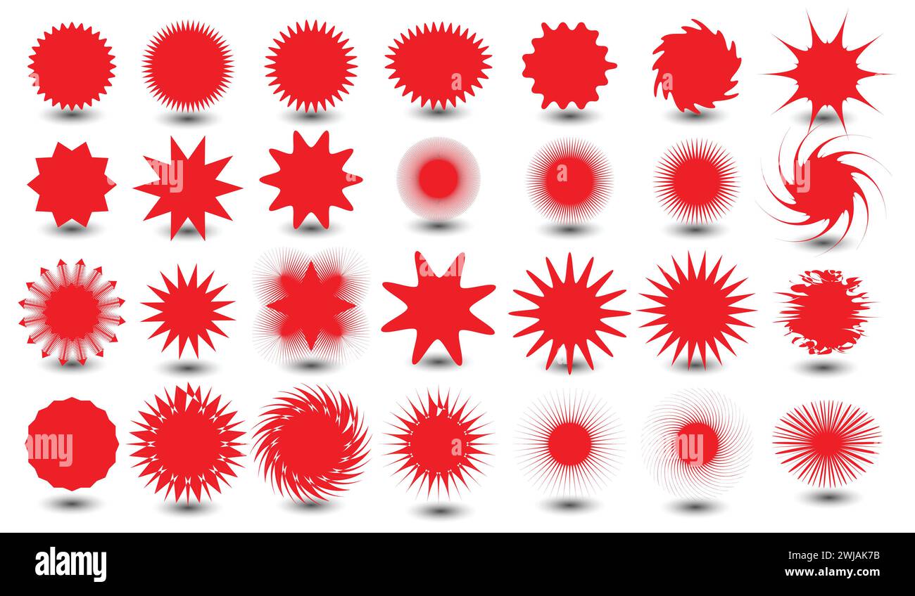 Starburst-Set in roter Farbe, Sonnenstrahlen-Rahmen, Sonnenschliff-Abzeichen, Retro-Sterne, Verkaufs- oder Rabattaufkleber. Stock Vektor