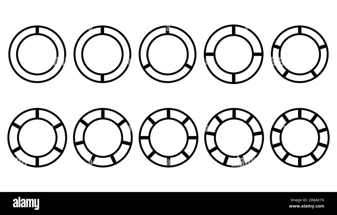 Set aus Kreisdiagrammen mit verschiedenen Farben. Verschiedene Sektoren unterteilen den Kreis in gleiche Teile. Stock Vektor