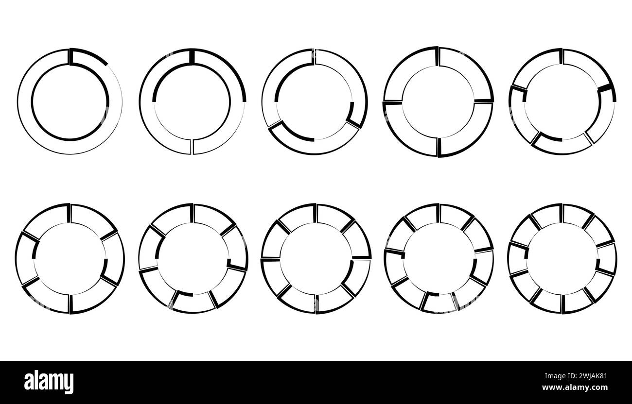 Set aus Kreisdiagrammen mit verschiedenen Farben. Verschiedene Sektoren unterteilen den Kreis in gleiche Teile. Stock Vektor