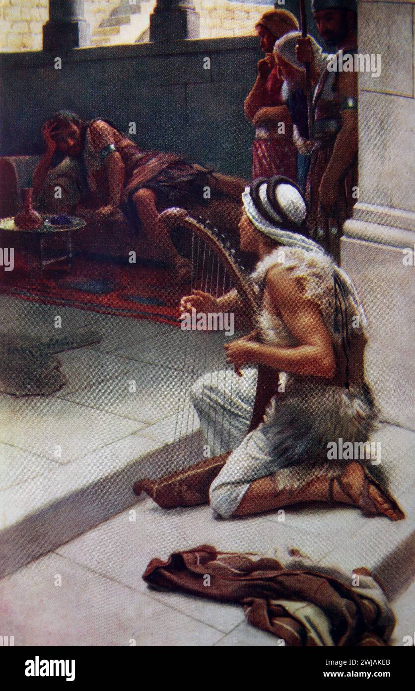 David sandte, um König Saul die Harfe zu spielen, um ihn zu beruhigen, wenn der böse Geist auf ihn kommt (Buch Samuel) aus der Heiligen Bibel Kunstwerk von Harold Copping Stockfoto