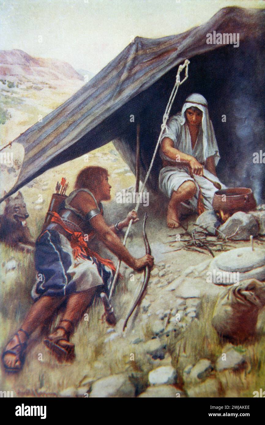 Esau sagt zu Jakob: "Füttere mich, ich bete dich mit diesem roten Töpfchen, denn ich bin schwach" Esau verkauft sein Geburtsrecht an Jakob von Harold Copp Stockfoto
