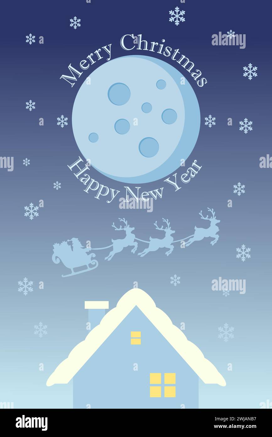 Frohe Weihnachten Hintergrund mit Weihnachtsmann, der in der Nacht mit Rentieren über den Himmel fliegt, bei Vollmond, Schnee und Haus. Vertikale Abbildung. Stock Vektor
