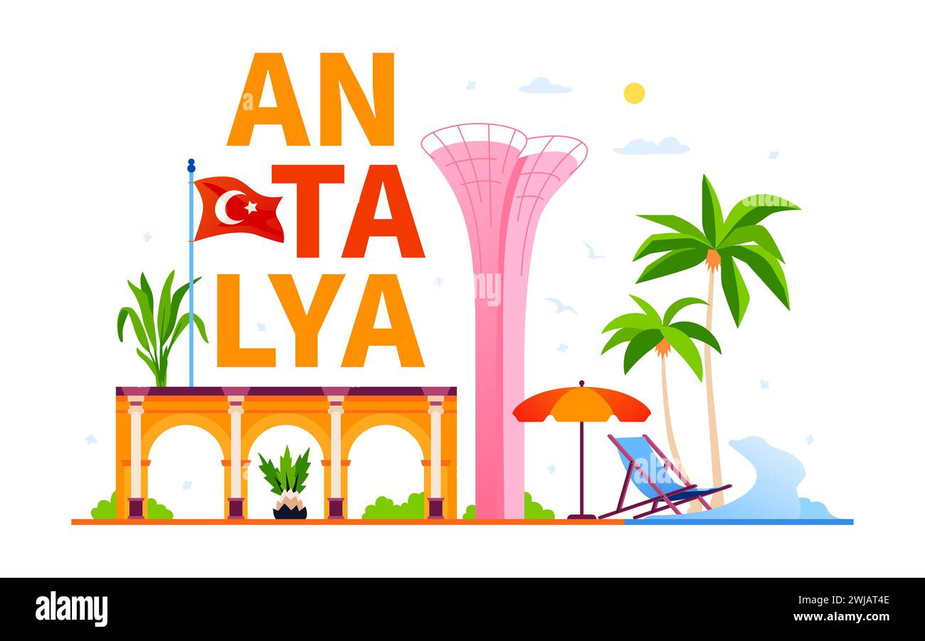 Resorts und Architektur von Antalya - moderne farbige Vektor-Illustration Stock Vektor