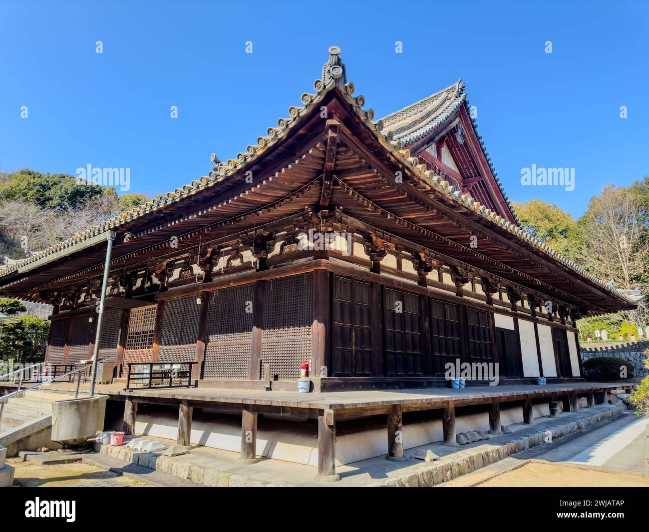 Der wunderschöne Blick auf den Taisanji-Tempel in Matsuyama, Präfektur Ehime, Japan Stockfoto