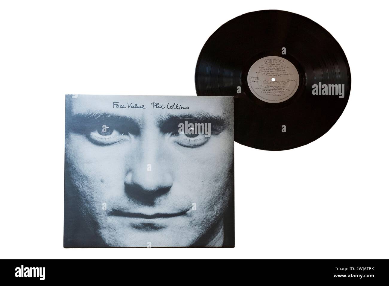 Phil Collins Face Value Vinyl-Album-Cover isoliert auf weißem Hintergrund - 1981 Stockfoto