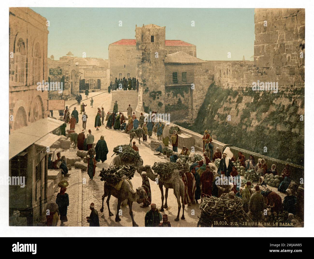 Vintage Jerusalem Foto, „Street of the Tower of David, the Basar, Jerusalem, Holy Land“ Fotochrom, ca. 1890er Jahre Stockfoto