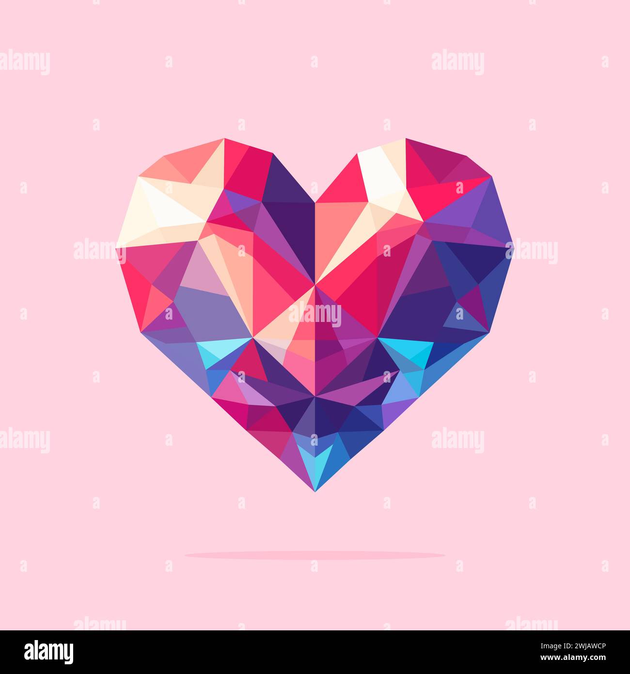 Lebendiges mehrfarbiges polygonales Herz auf rosa Hintergrund, flache Vektorillustration Stock Vektor