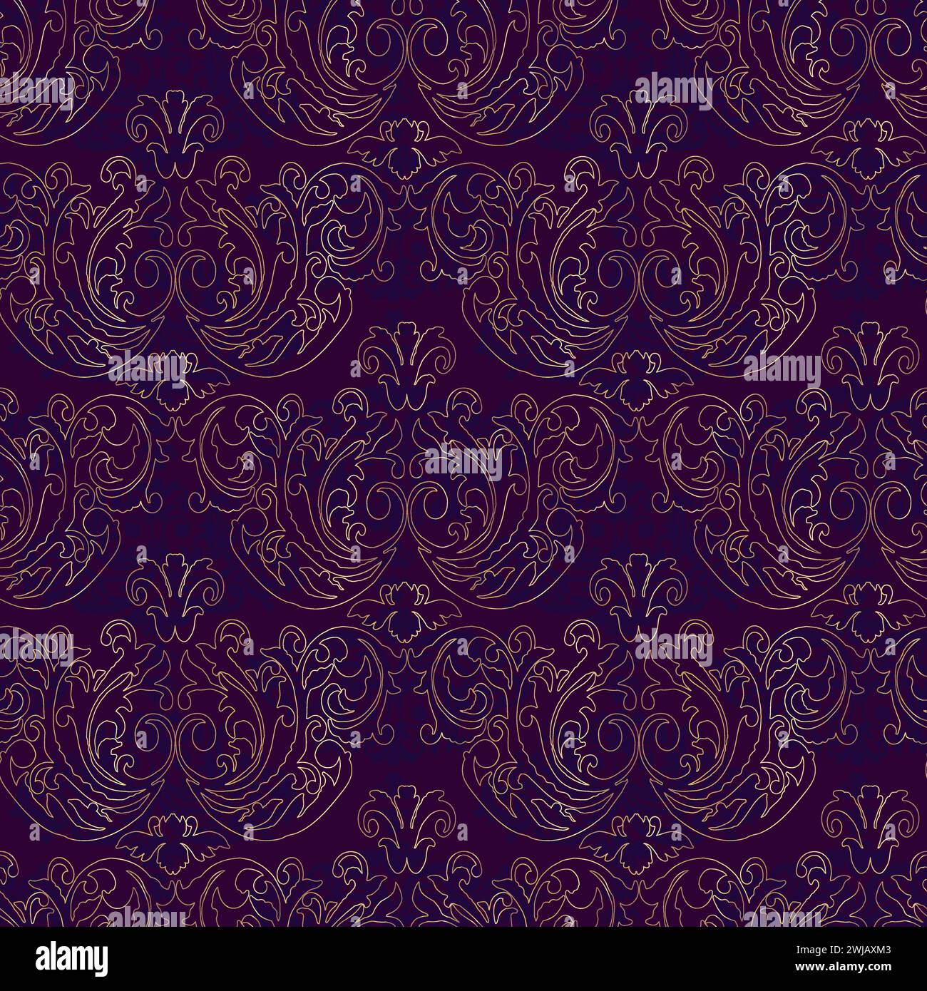 Vektor Damast Vintage Barock Ornament. Retro-Muster im antiken Stil. Nahtloses luxuriöses Muster in Violett und Gold. Königliche Tapete. Gotischer Hintergrund Stock Vektor