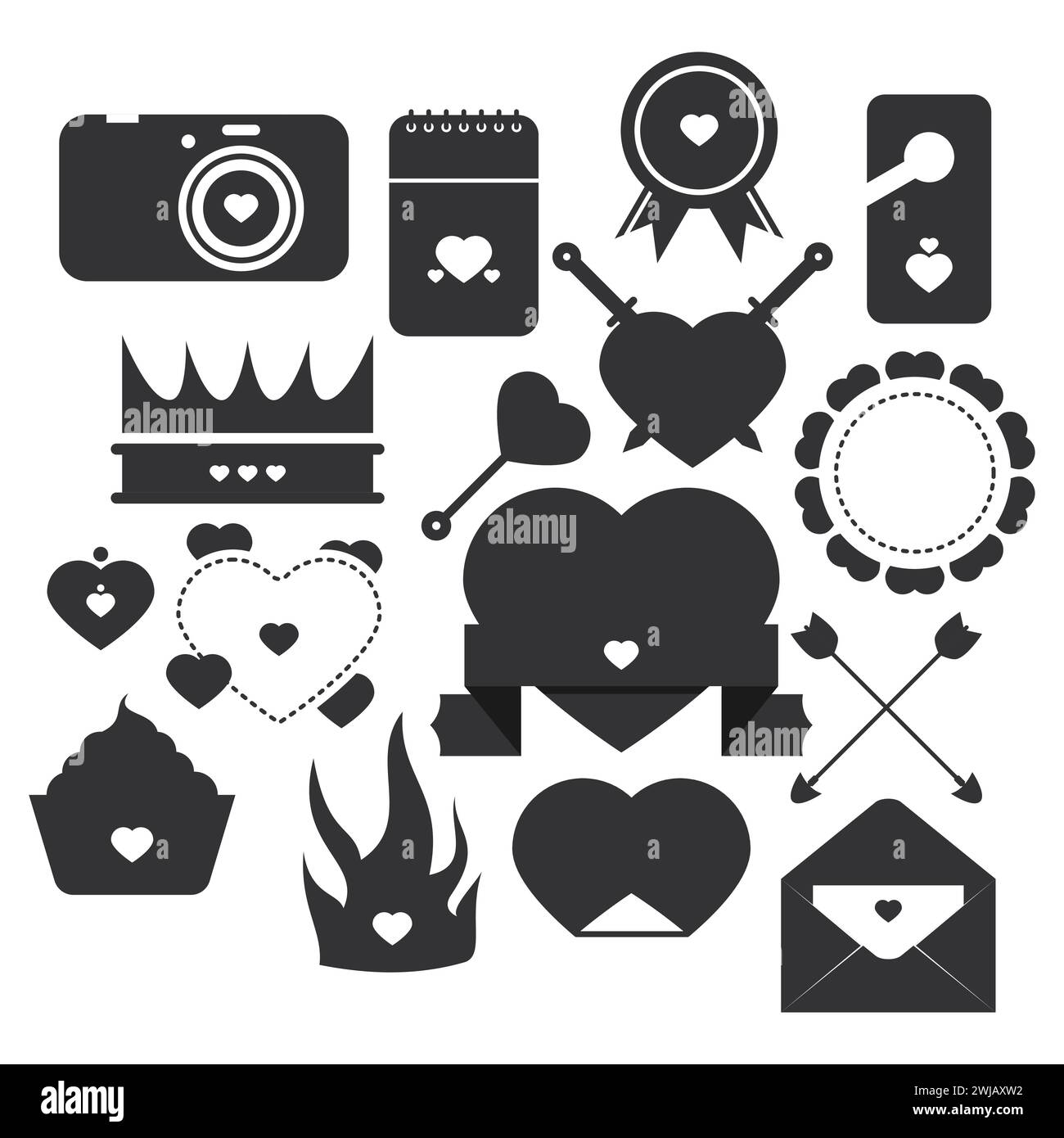 Valentinstag Icon Outline Kollektion. Kamera, Kalender, Tag, Medaille, Schwert, Cupcake, Feuer, Umschlag, Herz. Stock Vektor