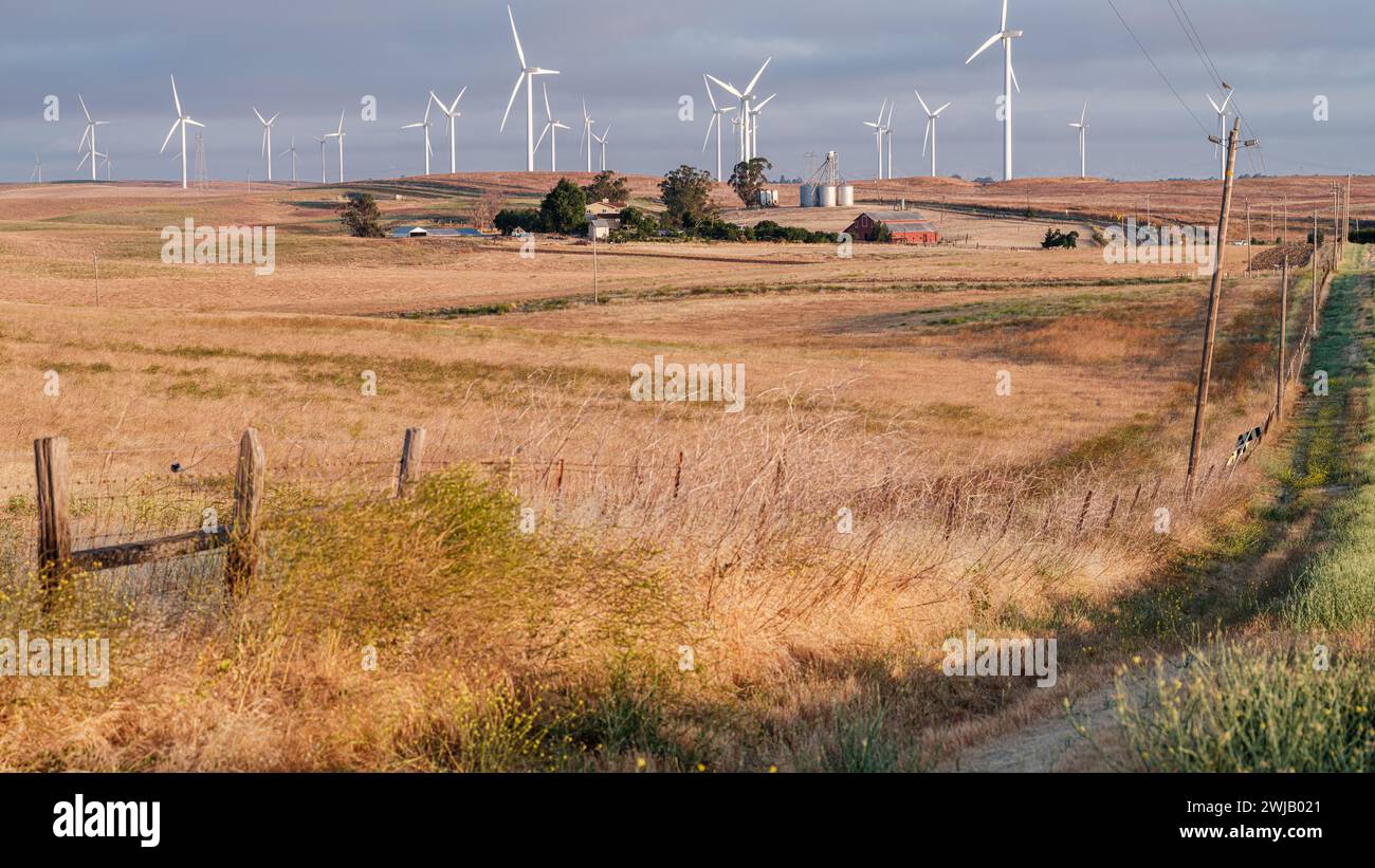 Windpark und Landwirtschaftsland, Montezuma Hills, Trockenrasen, Kalifornien. Stockfoto