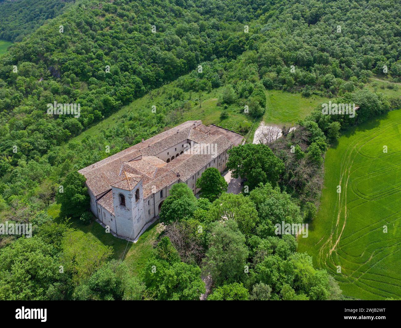 Sassoferrato (Italien, Marken, Provinz Ancona), Abtei von Santa Croce dei Conti Atti Stockfoto