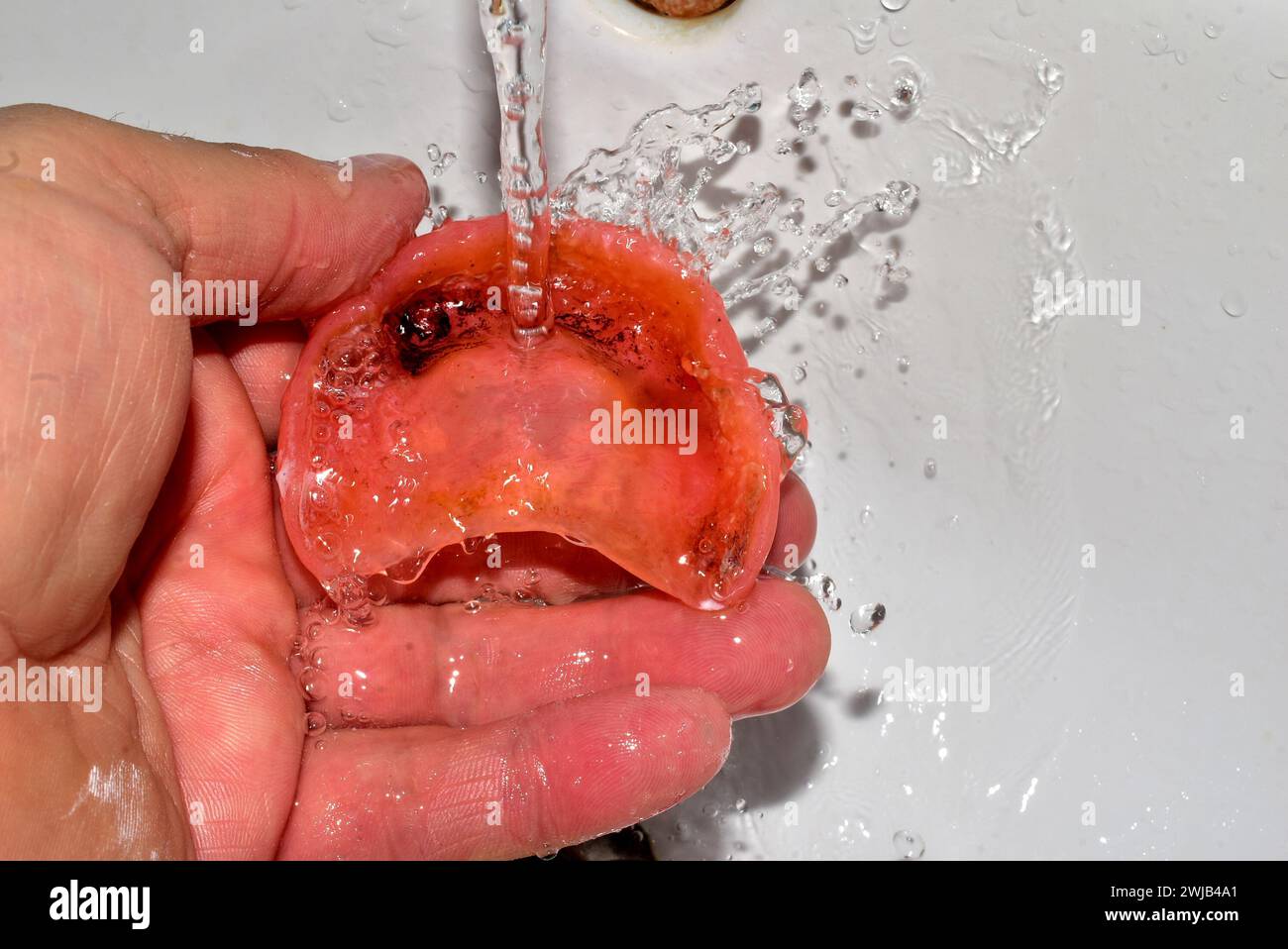 Nahaufnahme eines abnehmbaren Oberkiefers, der unter fließendem Wasser gewaschen wird. Stockfoto