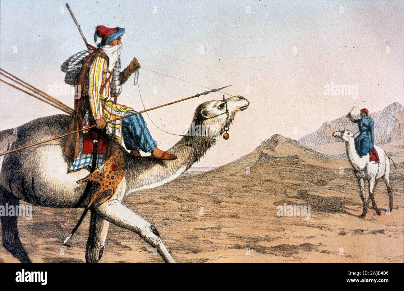 Ein Tuarick auf seiner Maherrie. Ein Tuarick, Tuareg, reitet auf einem Kamel in der Sahara-Wüste. Farbige Illustration von George Francis Lyon. 1821 Stockfoto