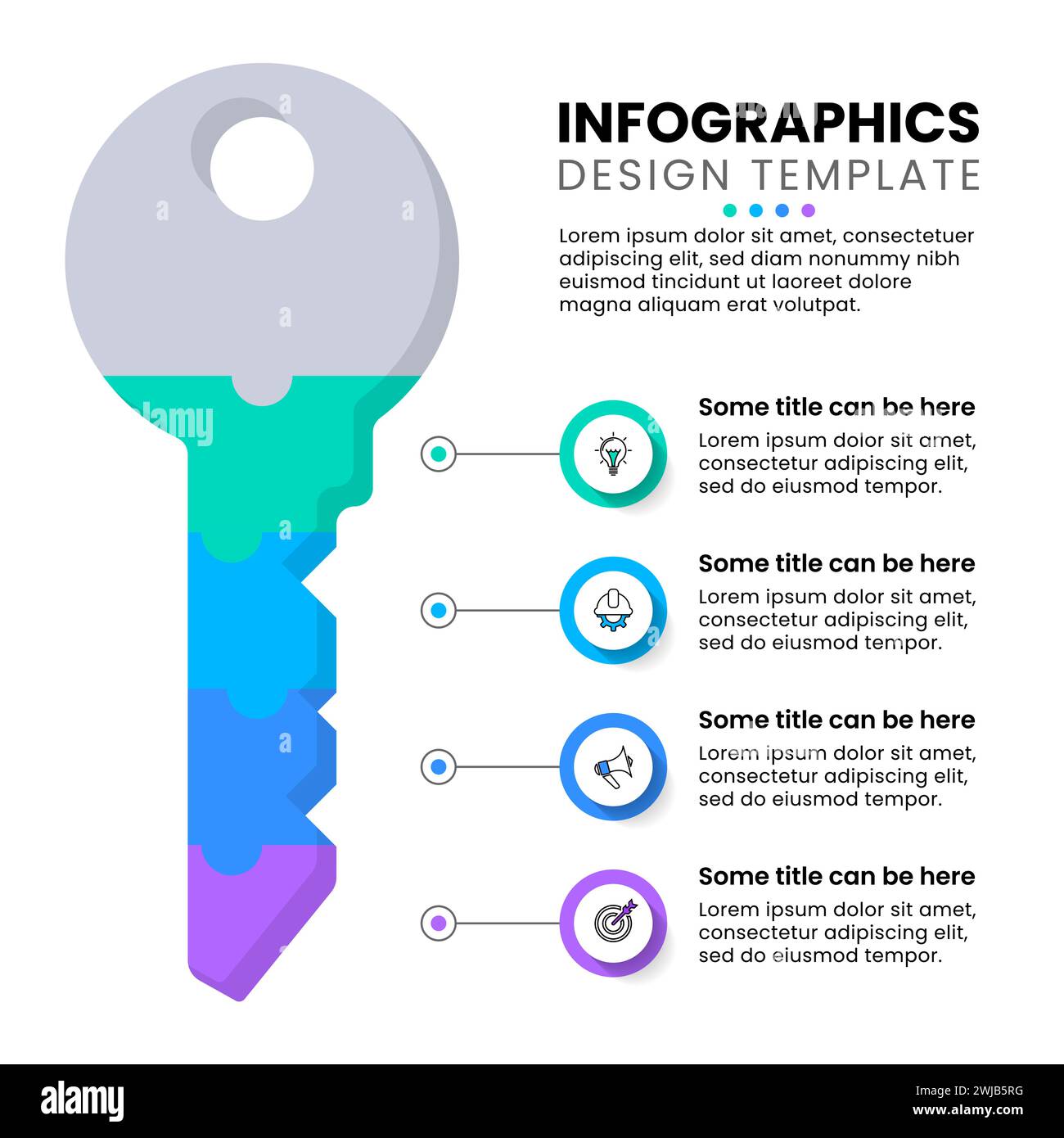 Infografik-Vorlage mit Symbolen und 4 Optionen oder Schritten. Taste. Kann für Workflow-Layout, Diagramm, Banner und Webdesign verwendet werden. Vektorabbildung Stock Vektor