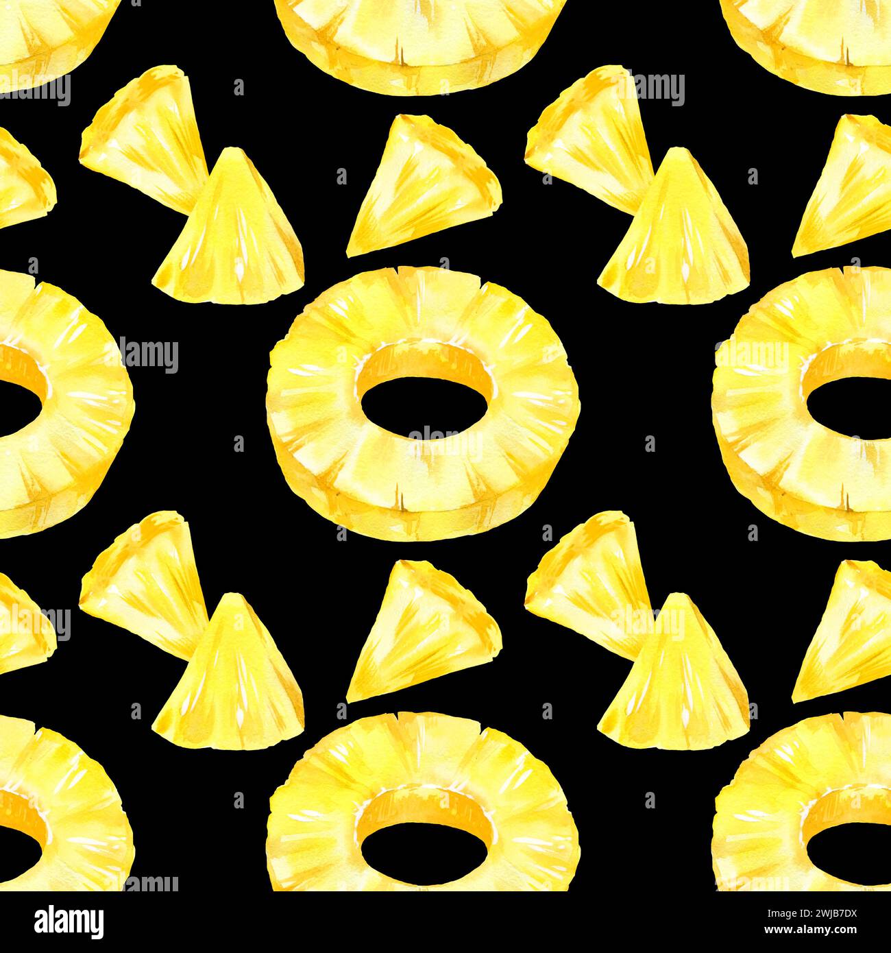 Nahtloses Aquarellmuster mit Ananas, Ringen und Scheiben reifer Ananas, Skizze tropischer Früchte, handgezeichnete Illustration, Lebensmittelillustration o Stockfoto