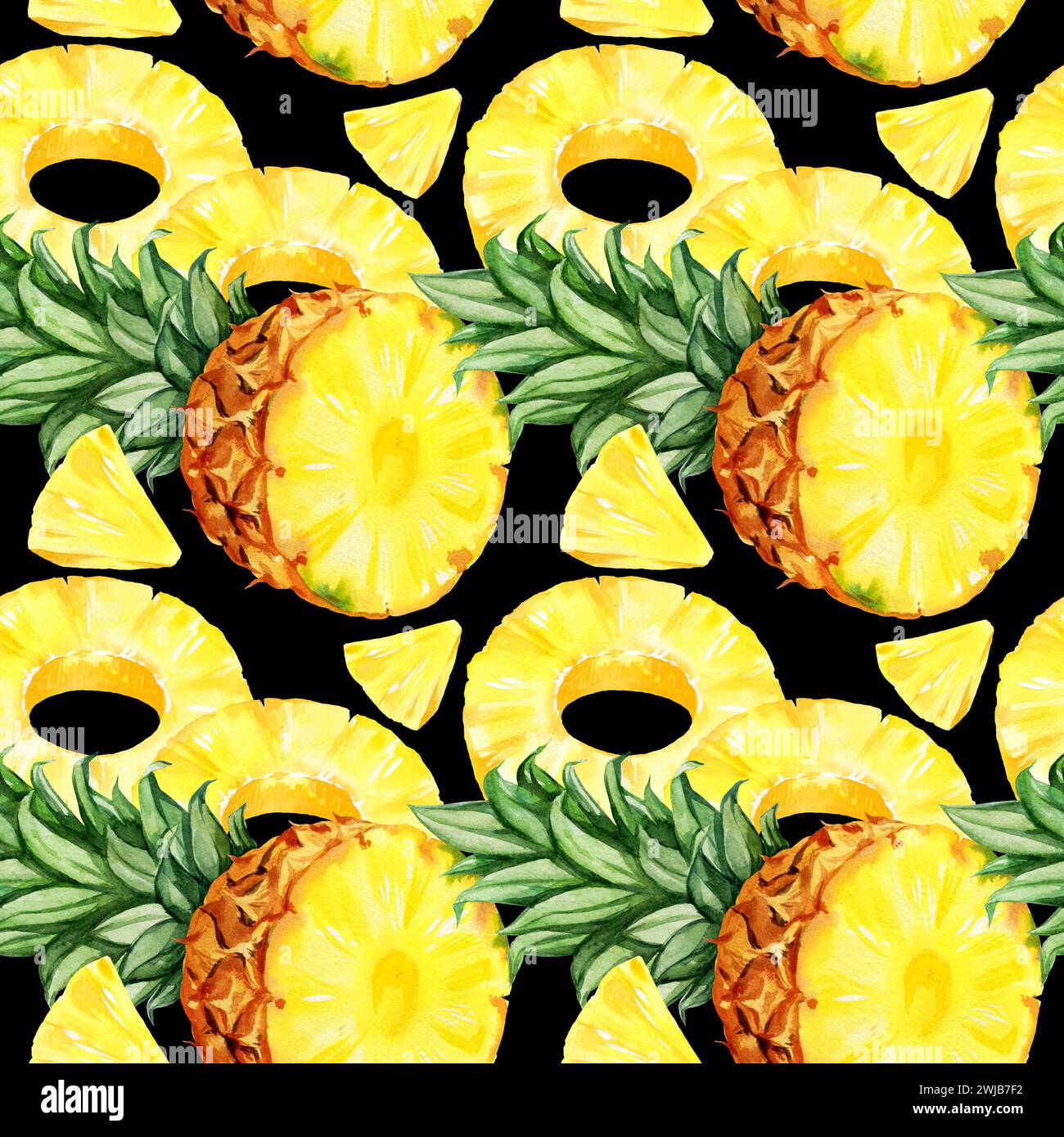 Nahtloses Aquarellmuster mit Ananas, Hälfte und Scheiben reifer Ananas, Skizze tropischer Früchte, handgezeichnete Illustration, Lebensmittelillustration auf Stockfoto