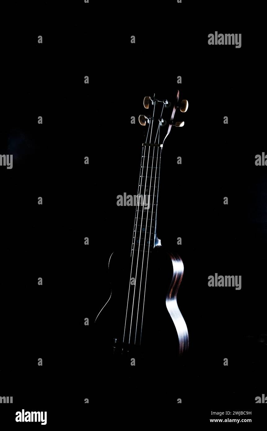 Das Ukulele-Musikinstrument wurde vor dunklem Hintergrund fotografiert, mit Lichteffekten rechts und links vom Objekt Stockfoto
