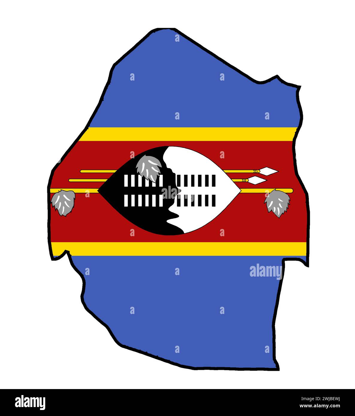 Silhouettenkarte von Eswatini, dem südafrikanischen Land mit der Nationalflagge und isoliert auf einem weißen Hintergrund Stockfoto