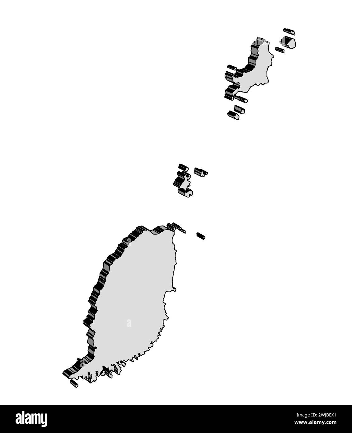 Grenada Insel in der Karibik in 3D-Umrisssilhouette auf weißem Hintergrund Stockfoto